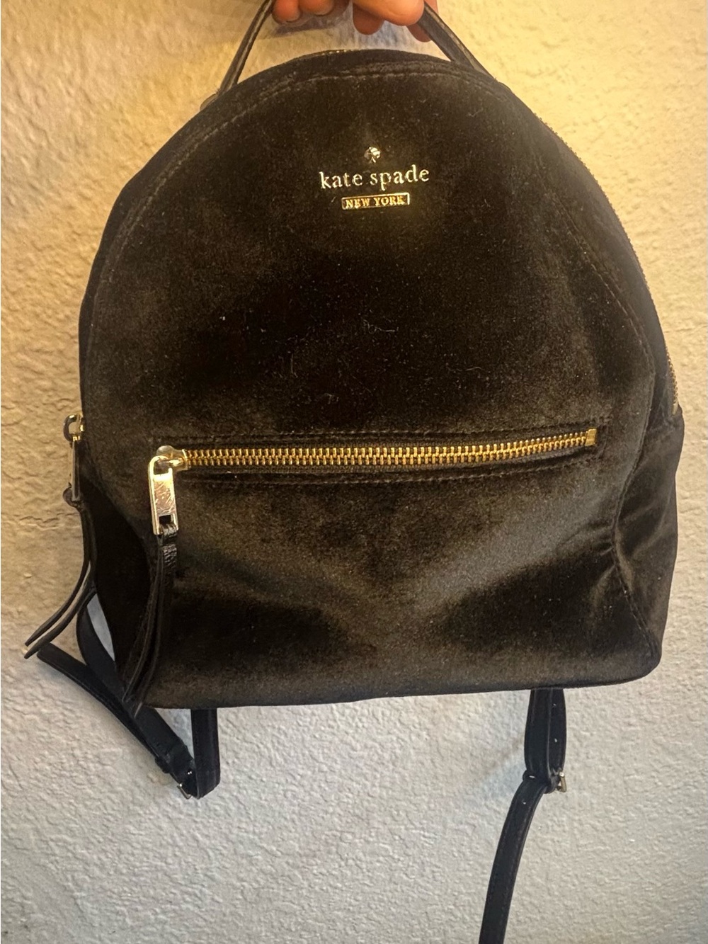 kate spade black velvet mini backpack with gold zipper